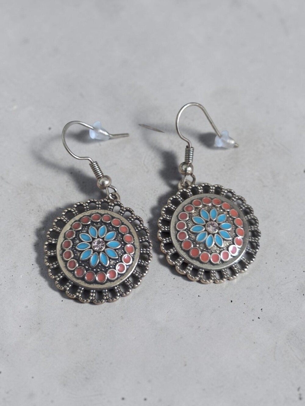SASSIFIED BOUTIQUE NWT Bohemian Silver-Tone Blue & Coral Floral Drop Earrings
